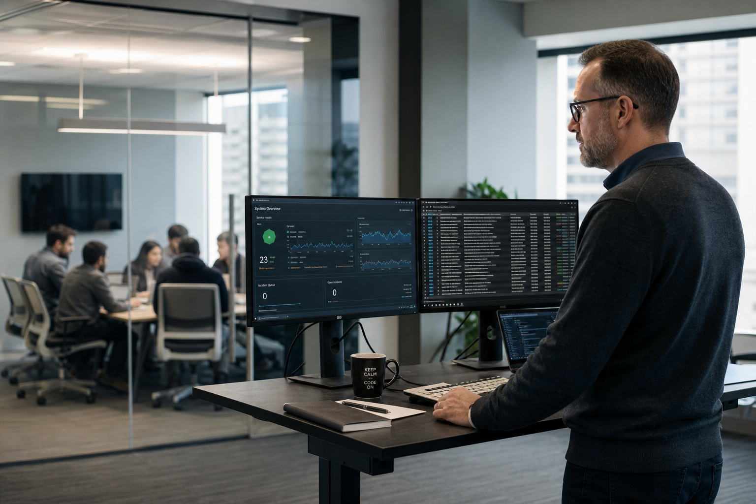 A composed technology leader at a standing desk reviewing incident dashboards in a calm command room, conveying steady presence rather than panic.