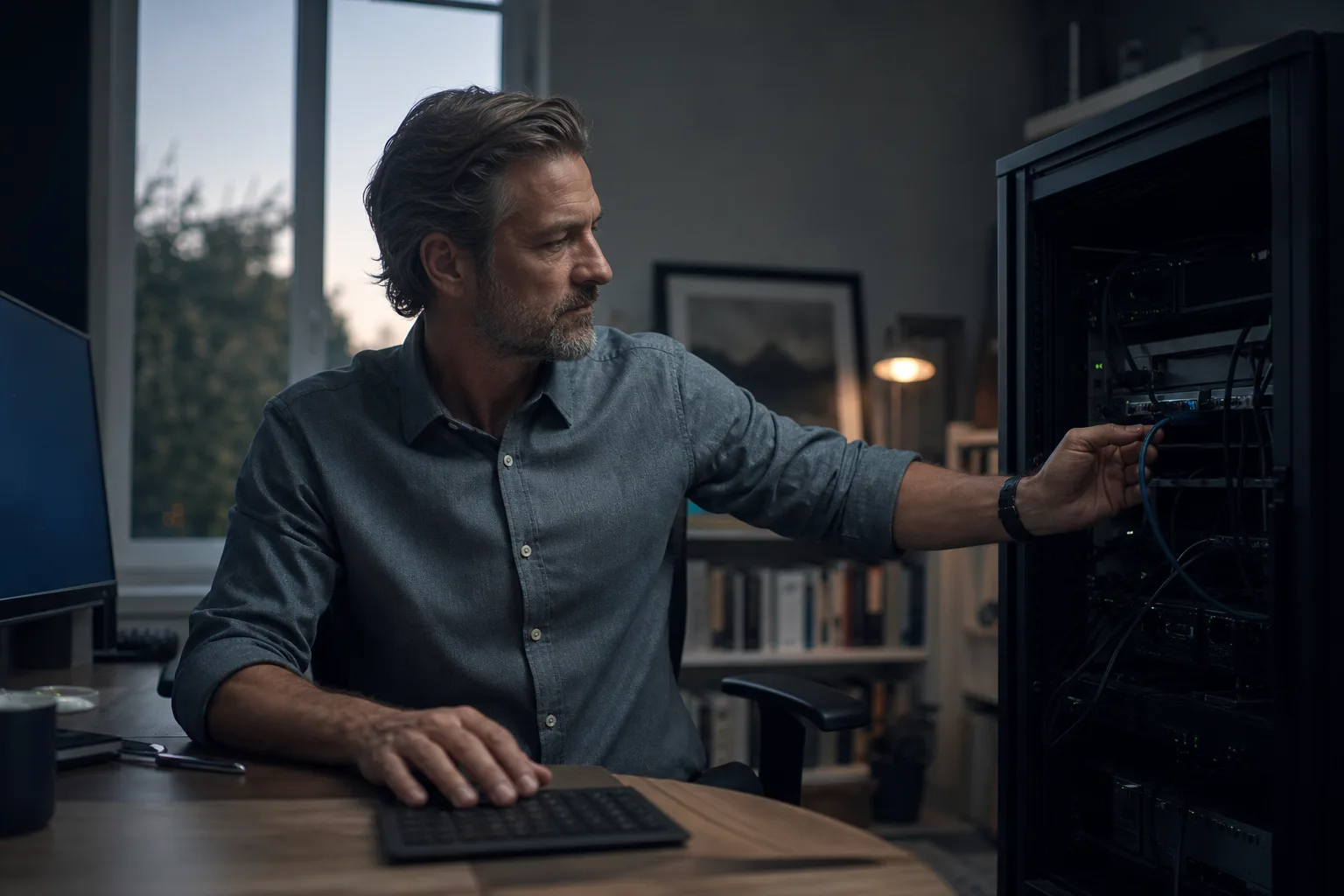 A technology leader working hands-on at a calm workstation with a purposeful small server rack nearby, conveying deliberate practice rather than slide-deck leadership.