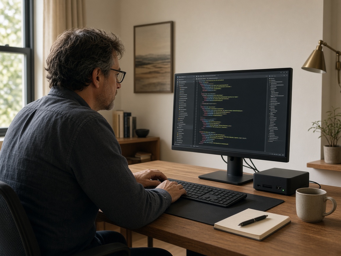 A technology leader at a calm workstation with a small, purposeful inference box nearby—practice hardware, not a neon status rack.