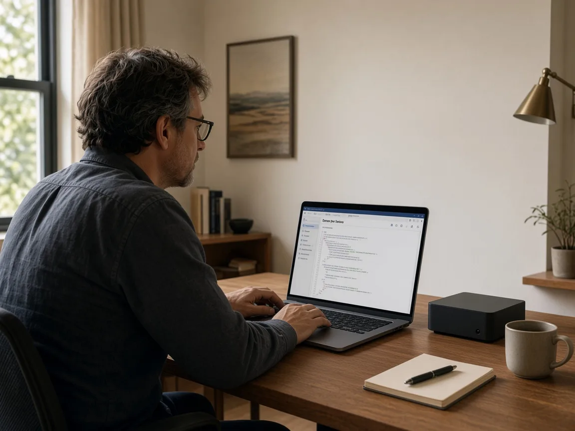 A person at a quiet wooden desk with a laptop and one small, plain mini PC beside it, working in soft daylight.