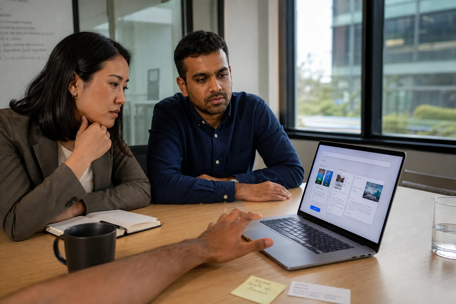 A product manager and an engineer in a conference room watching a finished-looking product demo on a laptop, with a thin ticket on the table and faces that have not yet decided to ship.