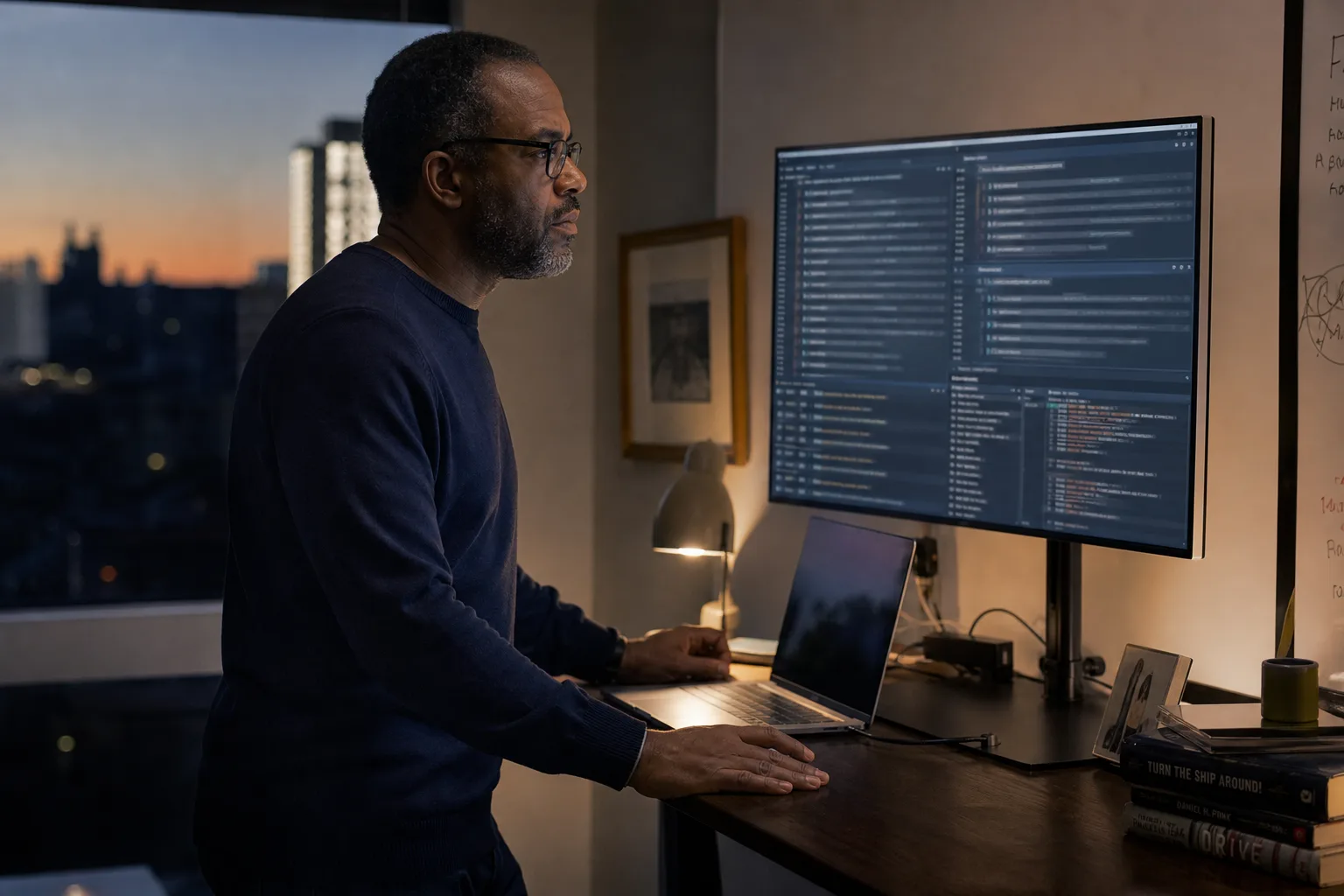 A technology leader in a quiet office at dusk reviewing an overflowing pull-request queue on a large monitor, calm and tired rather than panicked.