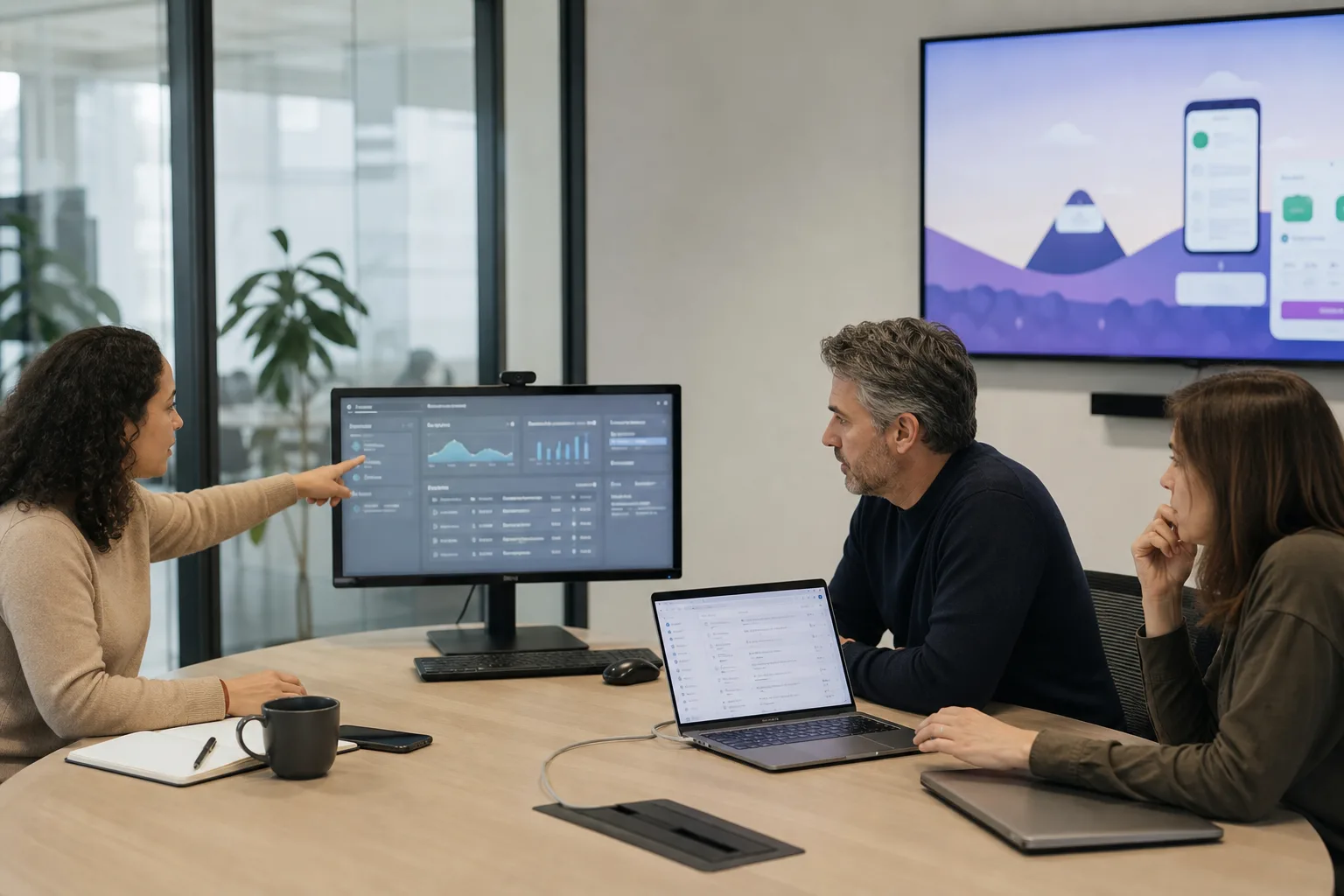 Three colleagues in a glass-walled office the morning after a rushed release, reviewing a dashboard and support queue while a muted TV still shows yesterday’s cheerful demo.