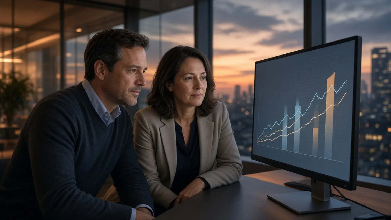 A technology executive and a finance partner in a quiet office at dusk reviewing an AI consumption dashboard on a large monitor, calm and tired rather than panicked.